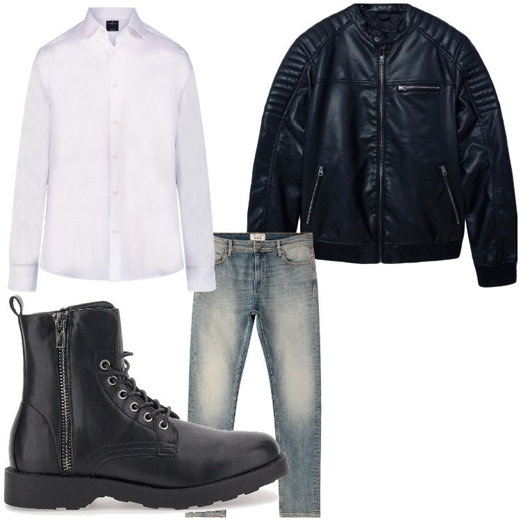 Outfit uomo - Cuore rock. Stile Biker Rock per Serata speciale. Abbinamento con giacche, jeans skinny, anfibi, camicie.