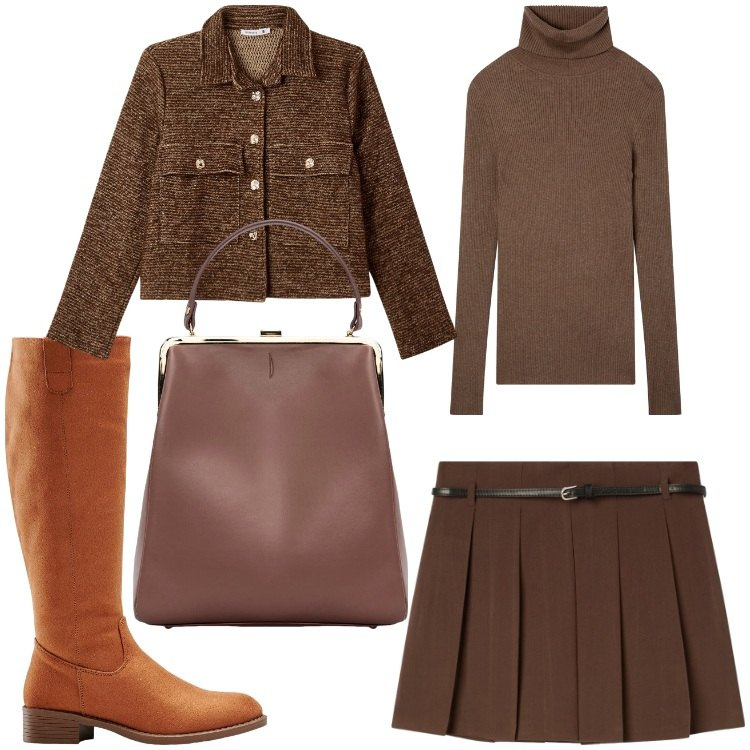 Outfit donna - Marrone autunno. Stile Chic per Serata fuori. Abbinamento con stivali, minigonne, blazer, maglieria, borse a spalla.