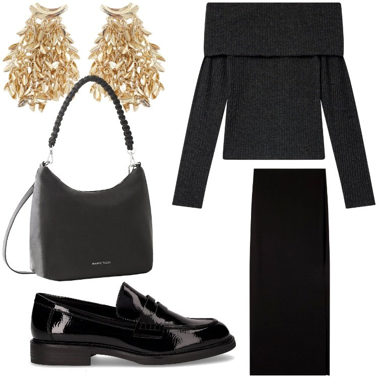 Outfit donna - Oro e nero. Stile Chic per Serata fuori. Abbinamento con borse a mano, gonne lunghe, maglieria, orecchini, mocassini.