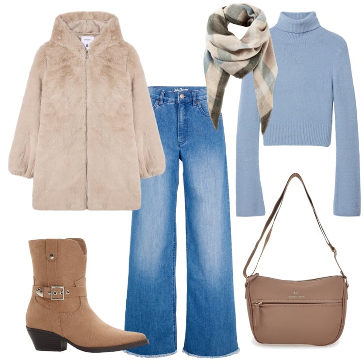 Outfit donna - Autunno in chiaro. Stile Casual per Tutti i giorni. Abbinamento con sciarpe, jeans, stivaletti texani, maglieria, cappotti, borse a tracolla.