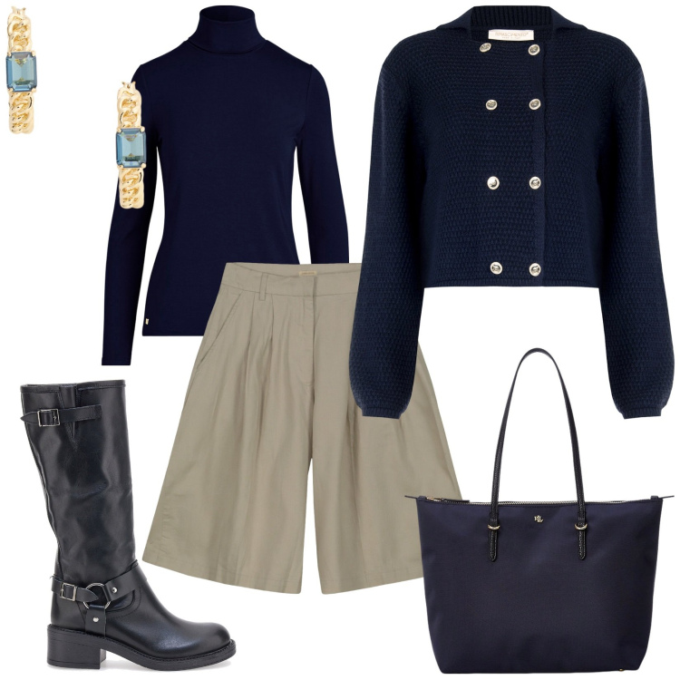 Outfit donna - Blù. per Tutti i giorni. Abbinamento con blazer, borse tote, vestiti, orecchini, bermuda, stivali.