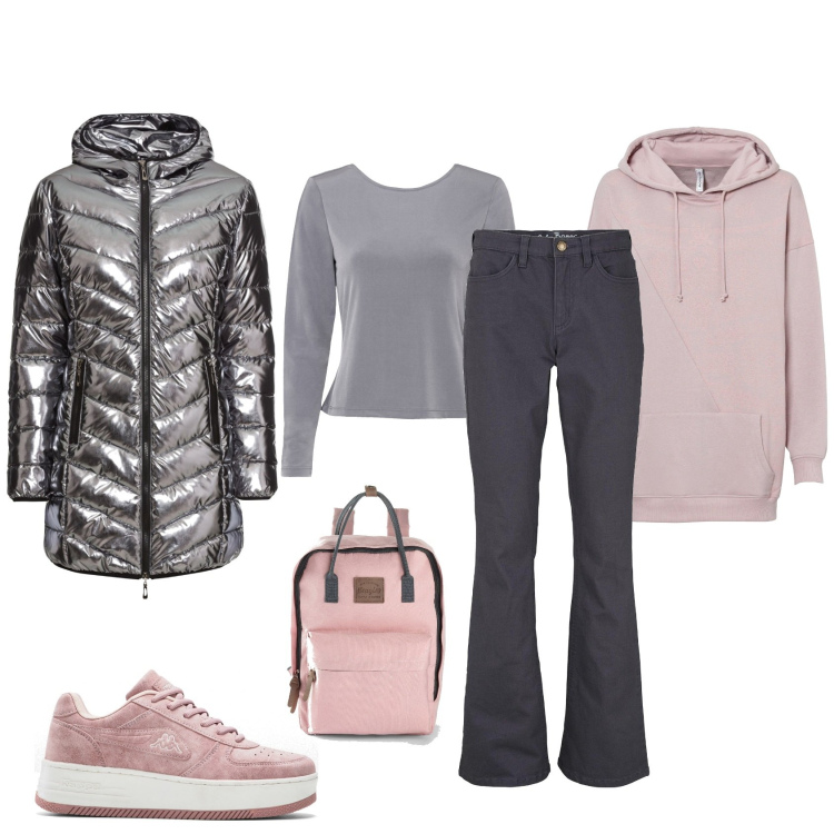 Outfit femme - Doudoune argenté. Style Basique pour Ecole/Université. Assortir avec jean bootcut, manteaux, sacs à dos, t-shirts, sneakers, sweats à capuche.