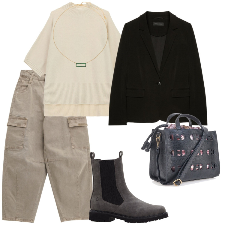 Outfit donna - Giacca sempre. per Tutti i giorni. Abbinamento con stivaletti chelsea, pantaloni chino, maglieria, collane, borse a mano, blazer.