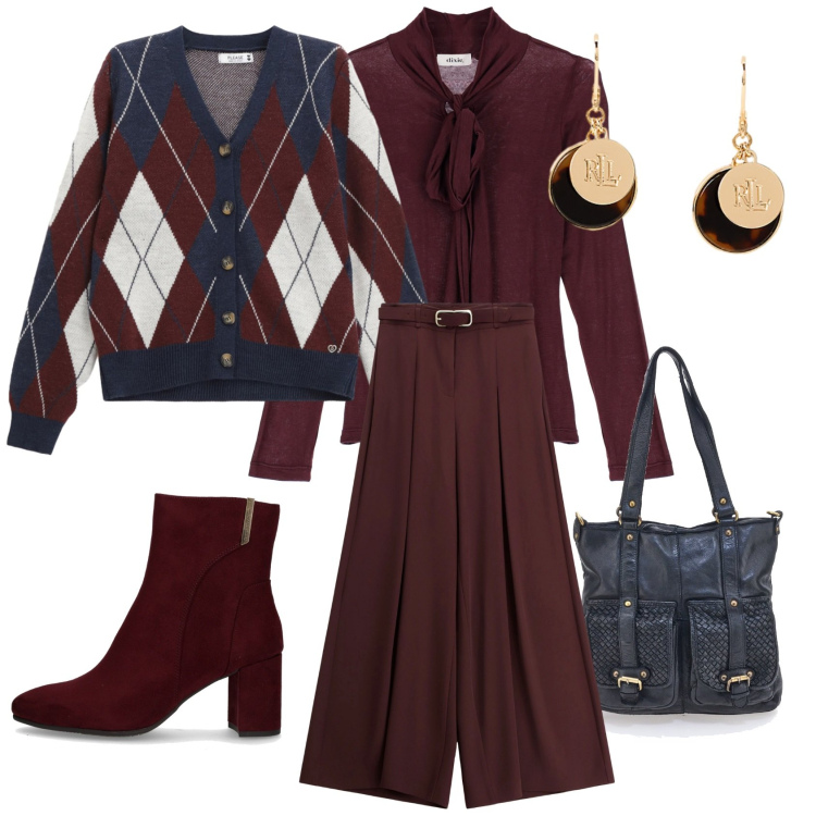 Outfit donna - British Burgundy. Stile Casual chic per Tutti i giorni. Abbinamento con cardigans, pantaloni, top, orecchini, borse a spalla, stivaletti.