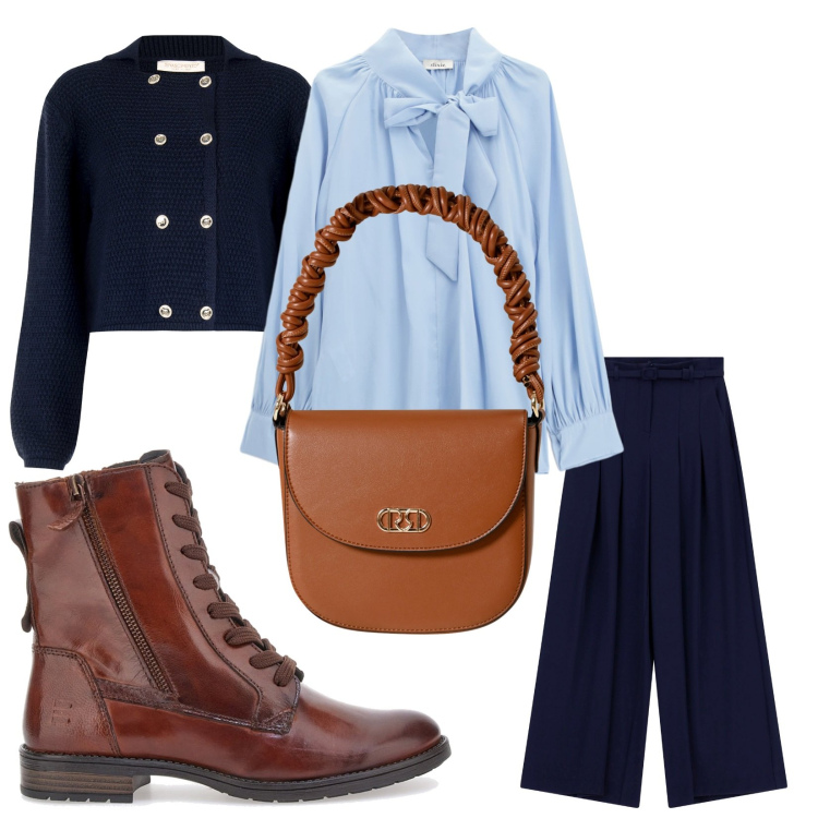 Outfit donna - Primi freddi. Stile Casual per Ufficio. Abbinamento con bluse, blazer, borse a mano, pantaloni a palazzo, anfibi.