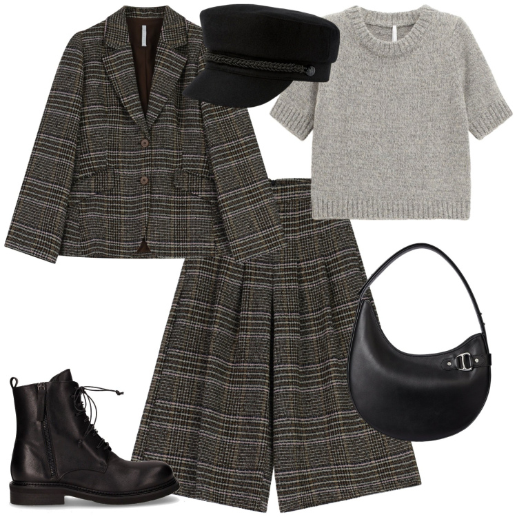 Outfit donna - Total look #2259446. Stile Trendy per Tutti i giorni. Abbinamento con blazer, maglieria, pantaloni a palazzo, cappelli, borse a spalla, anfibi.