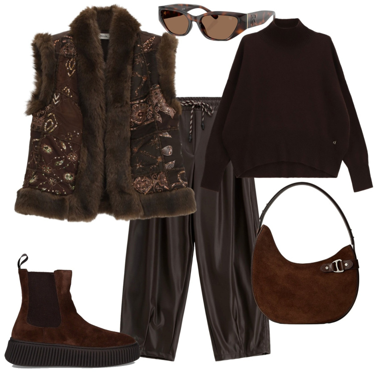 Outfit donna - Total look #2259449. Stile Casual chic per Tutti i giorni. Abbinamento con pantaloni a palazzo, gilet, maglieria, occhiali da sole, borse a spalla, stivaletti chelsea.