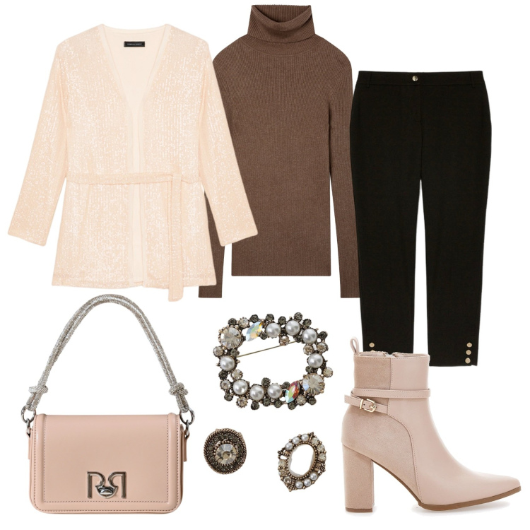 Outfit donna - Cena da amici. Stile Glamour per Serata fuori. Abbinamento con maglieria, borse a mano, cappotti, stivaletti, pantaloni chino, blazer.