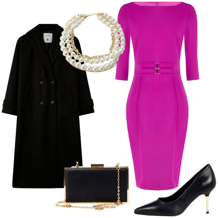 Outfit donna - Glamour per la sera. Stile Glamour per Serata fuori. Abbinamento con cappotti, décolleté, pochette, vestiti a tubino, collane.
