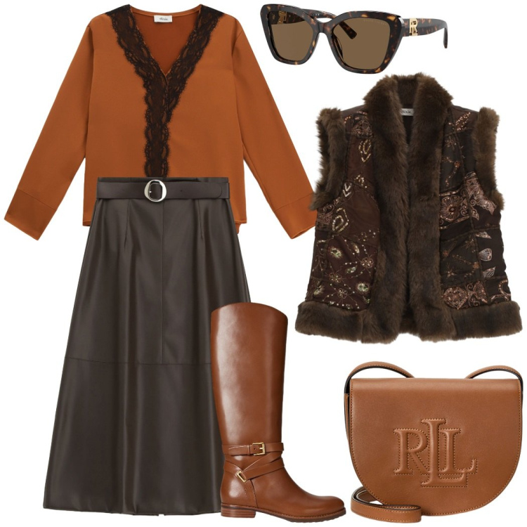 Outfit donna - Il gilet che da carattere al look. Stile Etnico per Tutti i giorni. Abbinamento con gonne lunghe, bluse, gilet, occhiali da sole, borse a tracolla, stivali.