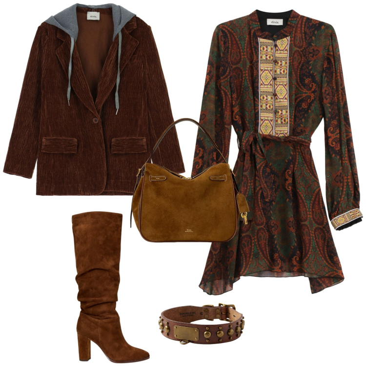 Outfit donna - Total look #2259454. Stile Etnico per Tutti i giorni. Abbinamento con vestiti corti, cappotti, stivali, borse a mano, anelli.