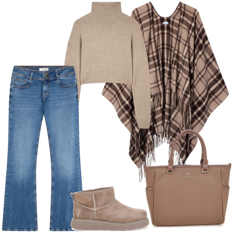 Outfit donna - Total look #2259455. Stile Casual per Tutti i giorni. Abbinamento con maglieria, cappotti, jeans a zampa, stivaletti, borse a tracolla.
