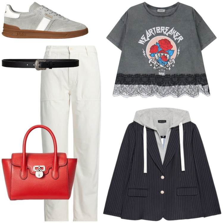 Outfit donna - Urban escape. Stile Urban per Tutti i giorni. Abbinamento con t-shirt, pantaloni, borse a mano, sneakers, cinture, blazer.
