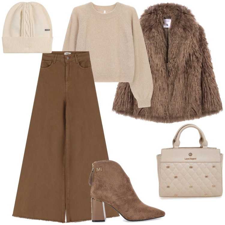 Outfit donna - Total look #2259458. Stile Casual chic per Tutti i giorni. Abbinamento con ecopellicce, maglieria, berretti, pantaloni, borse a mano, stivaletti.