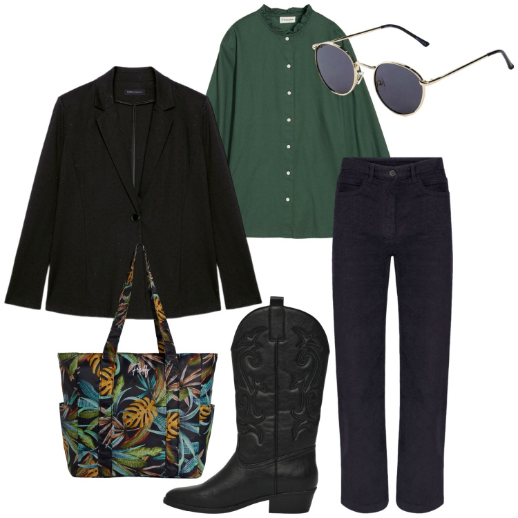 Outfit donna - Total look #2259459. Stile Chic per Ufficio. Abbinamento con occhiali da sole, bluse, stivaletti texani, shopping bag, pantaloni, blazer.