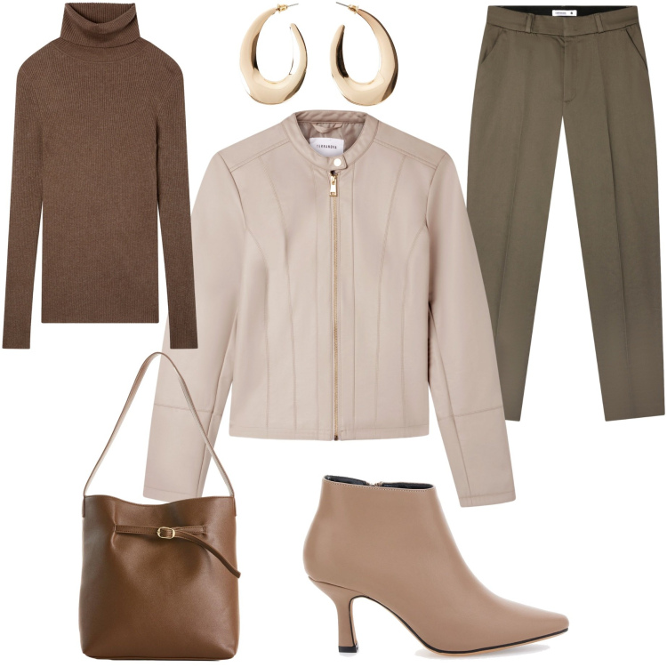 Outfit donna - Total look #2259460. Stile Casual chic per Ufficio. Abbinamento con orecchini, borse a mano, pantaloni chino, giacche, maglieria, stivaletti.