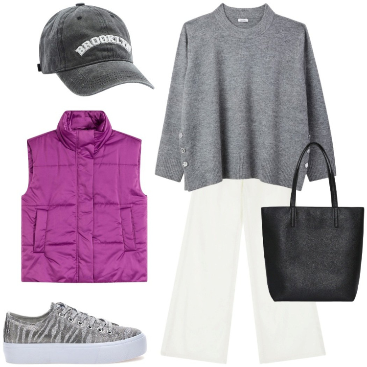 Outfit donna - Pronta per i primi freddi. Stile Casual chic per Tutti i giorni. Abbinamento con piumini, cappelli, borse tote, maglieria, pantaloni, sneakers.