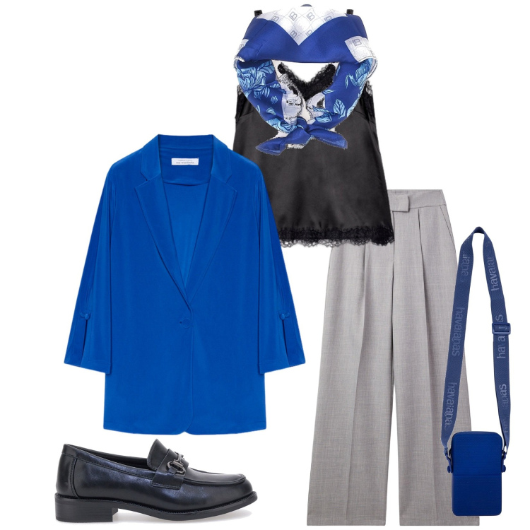 Outfit donna - Total look #2259462. Stile Casual chic per Ufficio. Abbinamento con pantaloni, mocassini, blazer, canottiere, foulard, borse a tracolla.