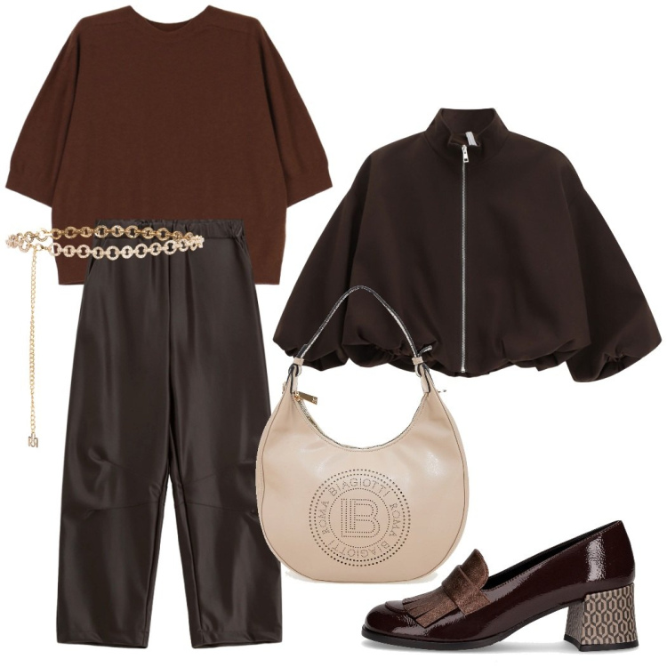 Outfit donna - Color cioccolato per l\' autunno. Stile Chic per Ufficio. Abbinamento con cinture, bomber, maglieria, pantaloni, mocassini, borse a spalla.