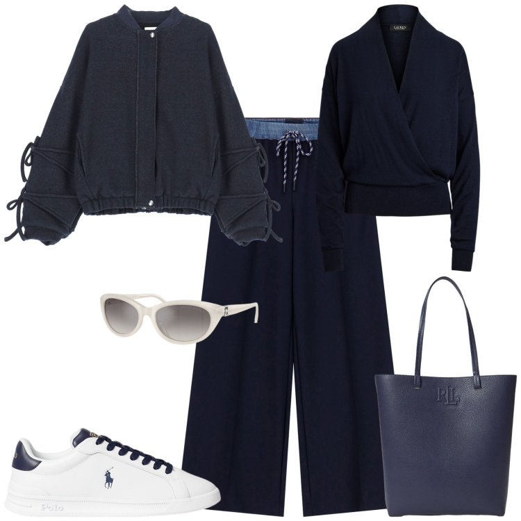Outfit donna - Total look #2259464. Stile Sporty chic per Tutti i giorni. Abbinamento con bomber, pantaloni a palazzo, sneakers, occhiali da sole, maglieria, borse tote.