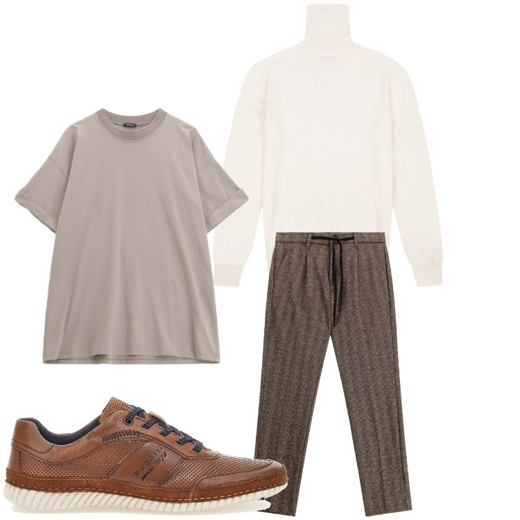 Outfit uomo - Tenue. Stile Casual per Ufficio. Abbinamento con t-shirt, pantaloni, scarpe stringate, maglieria.