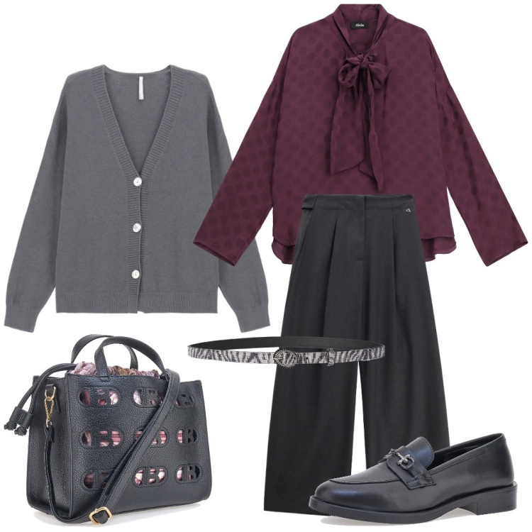Outfit donna - Riunione di lavoro. Stile Casual chic per Ufficio. Abbinamento con cinture, cardigans, bluse, pantaloni a palazzo, mocassini, borse a mano.