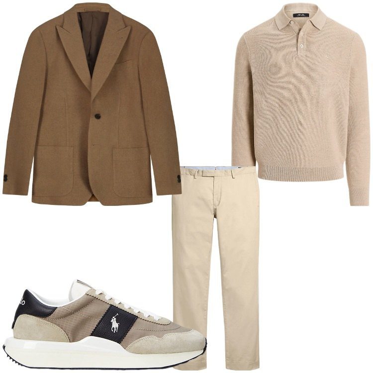 Outfit uomo - Sporty chic. Stile Business/Elegante per Serata speciale. Abbinamento con sneakers, maglieria, pantaloni chino, giacche.