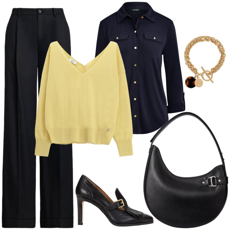 Outfit donna - Total look #2259469. Stile Bon Ton per Ufficio. Abbinamento con maglieria, décolleté, borse a spalla, pantaloni, braccialetti con ciondoli, camicie.