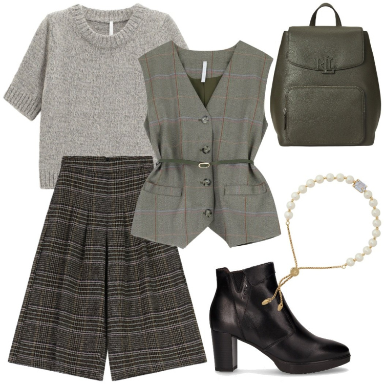 Outfit donna - Grigio e verde in città. Stile Urban per Tutti i giorni. Abbinamento con pantaloni a palazzo, maglieria, gilet, braccialetti, zaini, stivaletti.