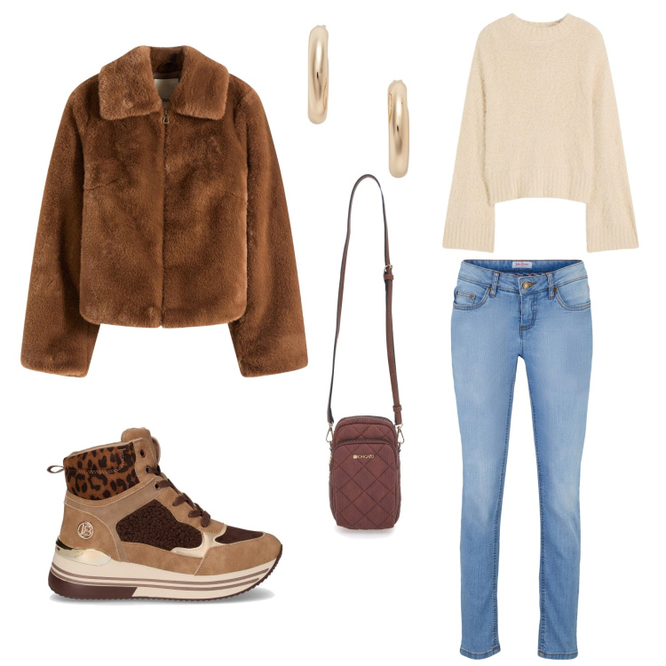 Outfit donna - Total look #2259474. Stile Casual per Scuola/Università. Abbinamento con jeans skinny, maglieria, ecopellicce, orecchini, borse a tracolla, sneakers alte.