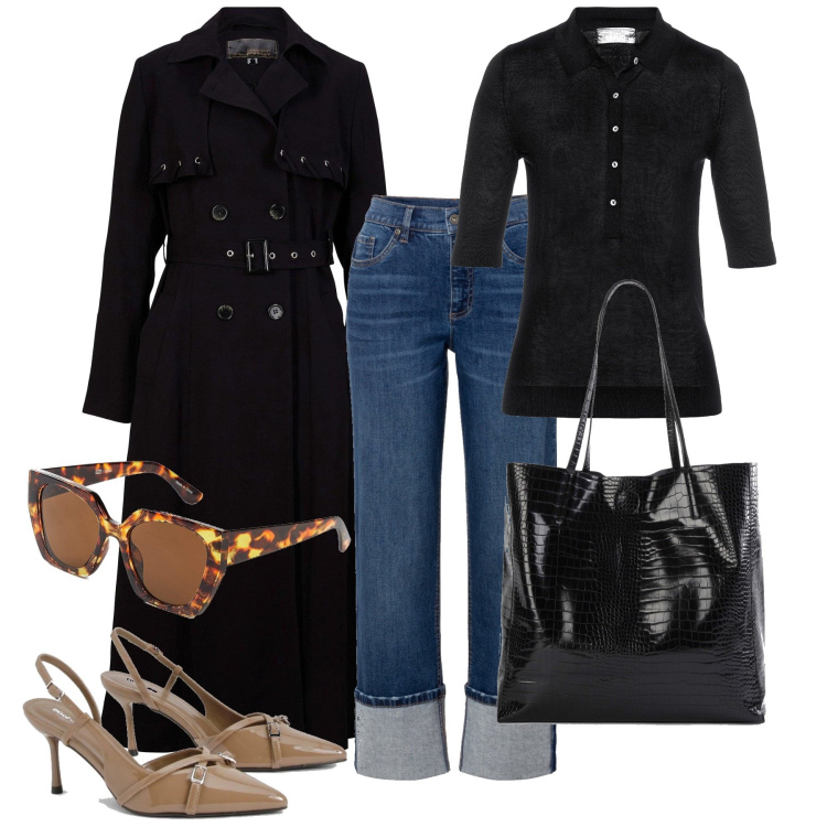 Outfit femme - Octobre. Style Tendance pour Tous les jours. Assortir avec jeans, pulls, lunettes de soleil, sac cabas, imperméable, chaussures à talon.