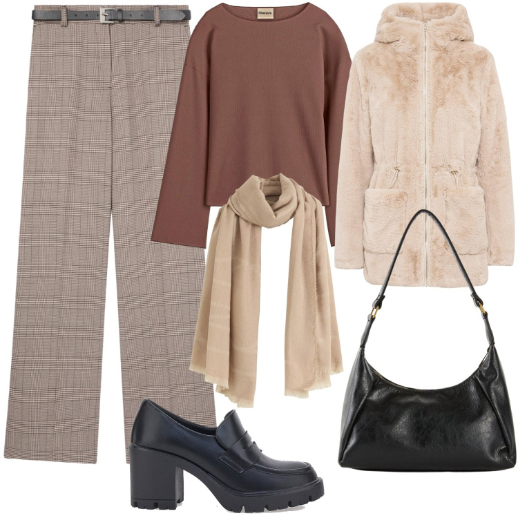 Outfit donna - Inizia il freddo. Stile Urban per Tutti i giorni. Abbinamento con ecopellicce, maglieria, borse a mano, sciarpe, pantaloni, mocassini.