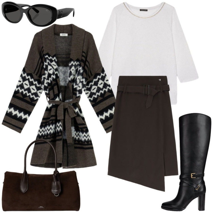 Outfit donna - Casual con stile. Stile Casual chic per Ufficio. Abbinamento con cappotti, gonne longuette, occhiali da sole, borse a mano, stivali, t-shirt.