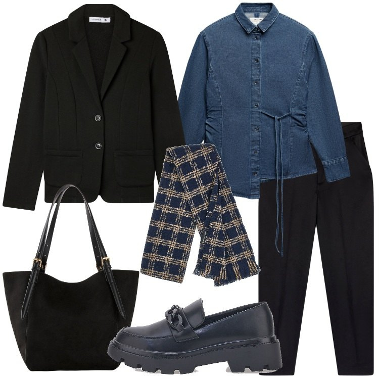 Outfit donna - Tailleur nero e camicia in denim. Stile Mannish per Ufficio. Abbinamento con shopping bag, blazer, pantaloni chino, camicie, mocassini, sciarpe.