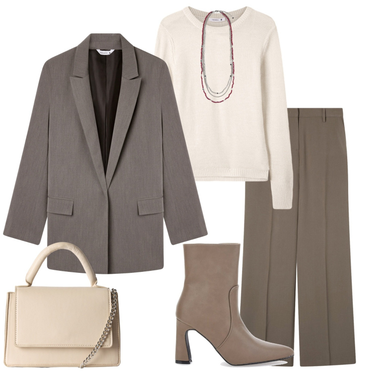 Outfit donna - Tailleur in ufficio. Stile Bon Ton per Ufficio. Abbinamento con blazer, pantaloni a palazzo, maglieria, borse a tracolla, stivaletti, collane.