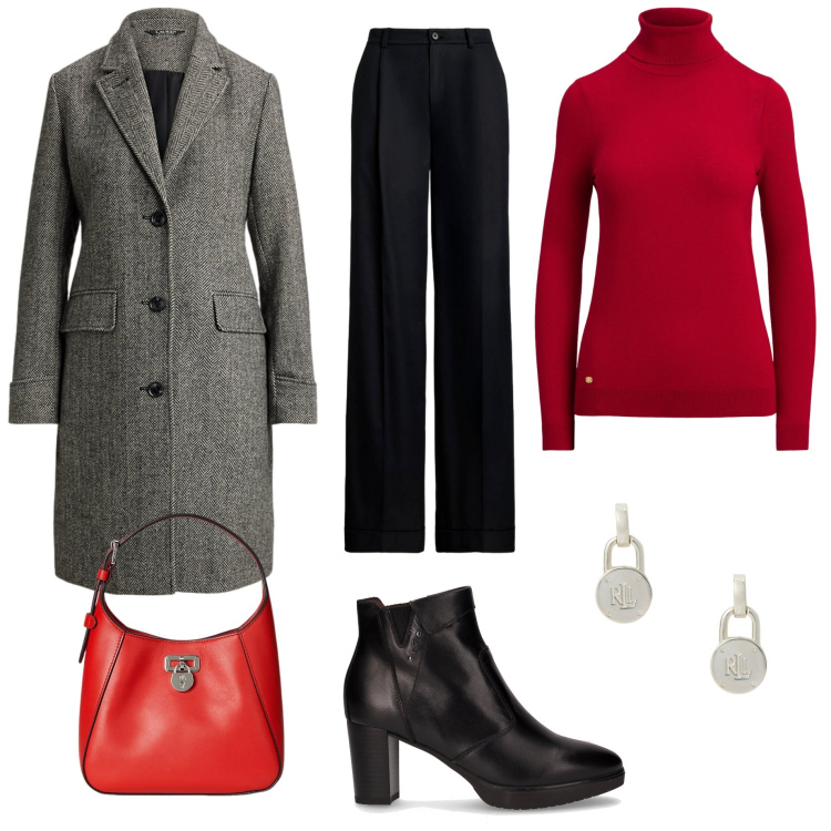 Outfit donna - Total look #2259481. Stile Casual chic per Ufficio. Abbinamento con orecchini, maglieria, borse a tracolla, pantaloni, cappotti, stivaletti.