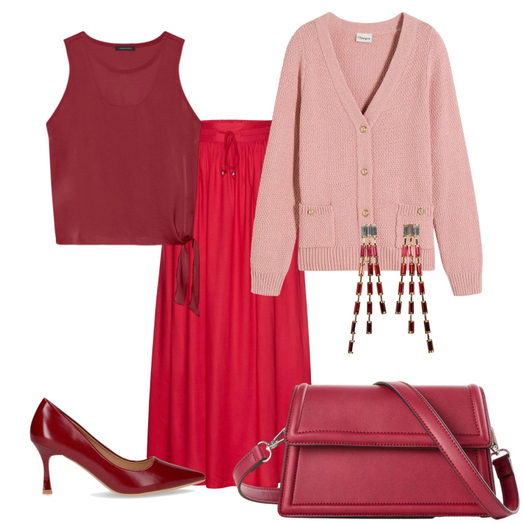 Outfit donna - Total look #2259482. Stile Casual chic per Ufficio. Abbinamento con orecchini, gonne lunghe, cardigans, borse a tracolla, top, décolleté.