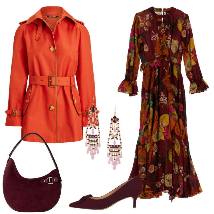 Outfit donna - Total look #2259484. Stile Boho per Ufficio. Abbinamento con vestiti lunghi, décolleté, trench, borse a spalla, orecchini.