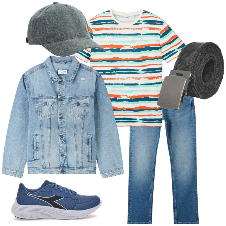 Outfit uomo - Total look #2259485. Stile Casual per Tutti i giorni. Abbinamento con t-shirt, jeans, cinture, giacche, cappelli, sneakers.