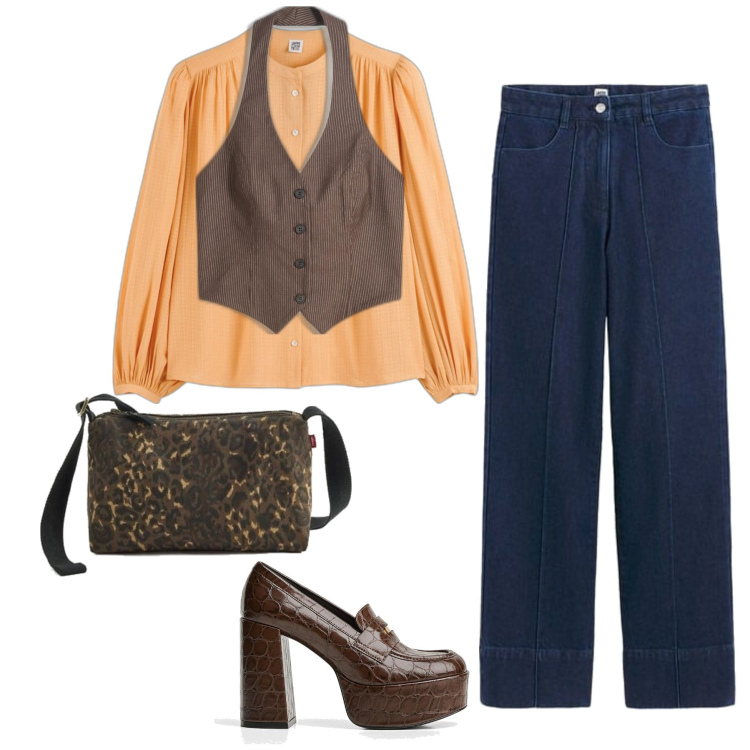 Outfit mujer - Vintage retrò #923. Estilo Vintage retrò para Oficina. Combinación con bandoleras, blusas, mocasines, chalecos, vaqueros.
