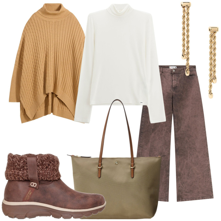 Outfit donna - Brrr il freddo. Stile Trendy per Tutti i giorni. Abbinamento con maglieria, pantaloni a palazzo, maglieria, borse tote, orecchini, stivaletti.
