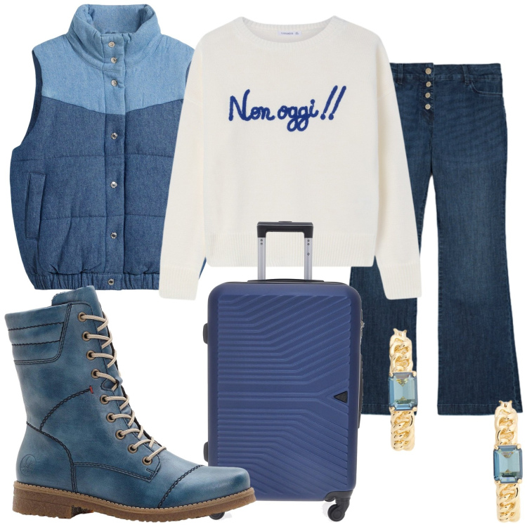 Outfit donna - Brrr il freddo si parte. Stile Trendy per Tutti i giorni. Abbinamento con gilet, stivaletti, maglieria, orecchini, jeans, valigie.