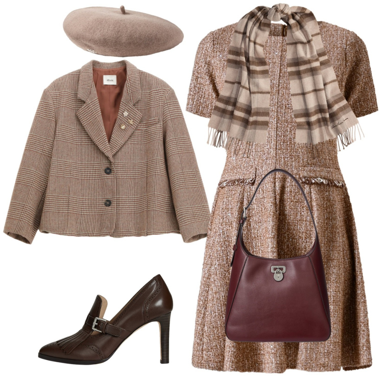 Outfit donna - Total look #2259496. Stile Vintage retrò per Tutti i giorni. Abbinamento con vestiti corti, blazer, décolleté, berretti, borse a spalla, sciarpe.
