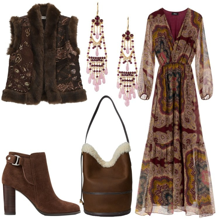 Outfit donna - Boho a ottobre. Stile Boho per Serata fuori. Abbinamento con vestiti lunghi, gilet, stivaletti, orecchini, borse a spalla.