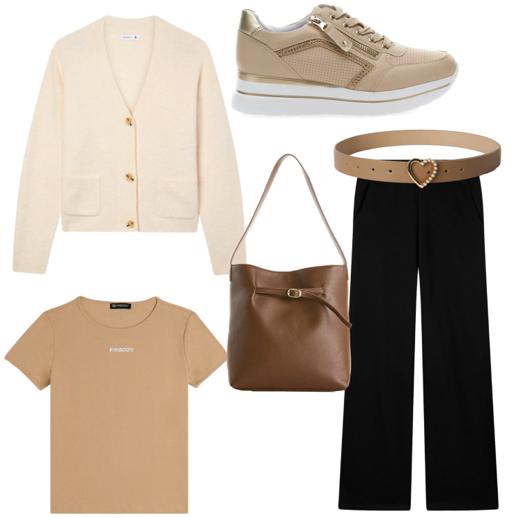 Outfit donna - Comfort look. Stile Sporty chic per Tutti i giorni. Abbinamento con borse a mano, cinture, cardigans, pantaloni, t-shirt, sneakers.