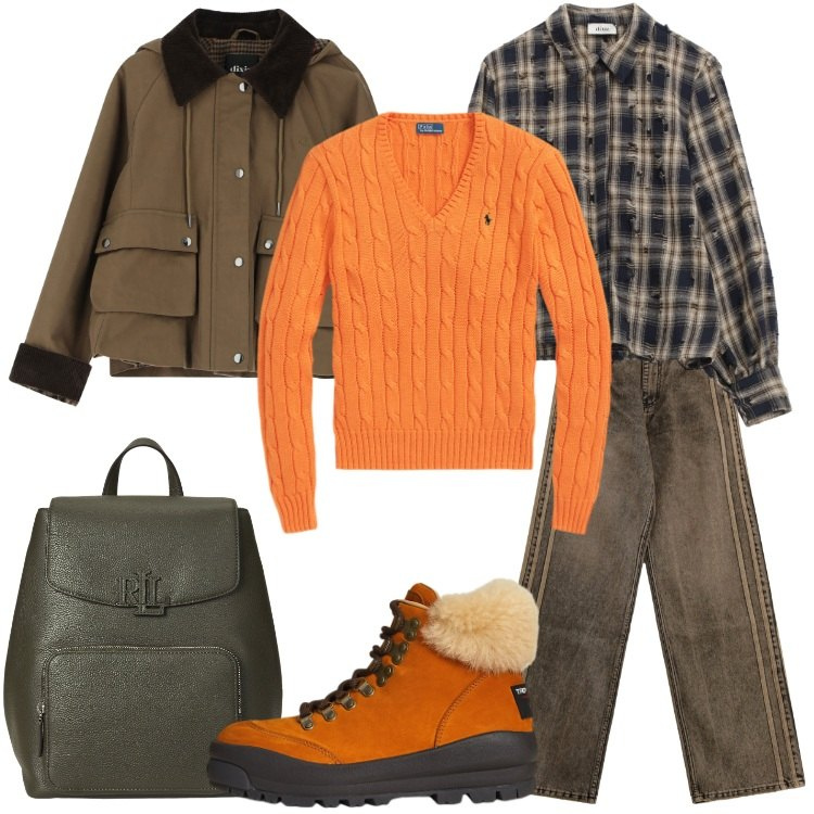 Outfit donna - Weekend a Cortina. Stile Casual per Tutti i giorni. Abbinamento con jeans, blazer, camicie, stivaletti, zaini, maglieria.