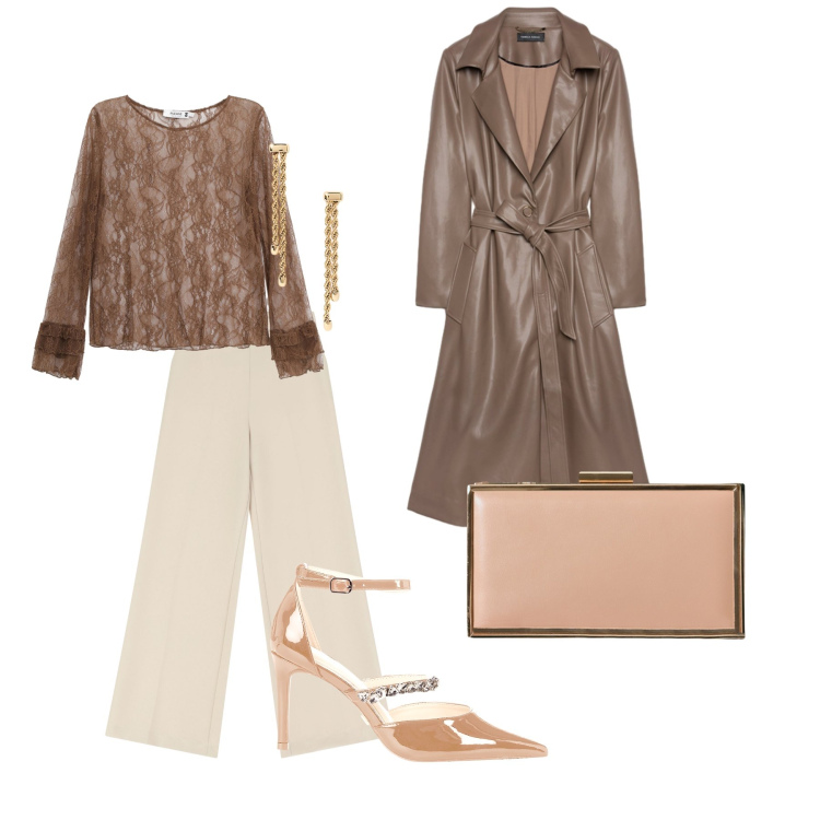 Outfit donna - Autunno chiaramente. Stile Chic per Serata fuori. Abbinamento con top, pochette, décolleté, pantaloni, orecchini, trench.