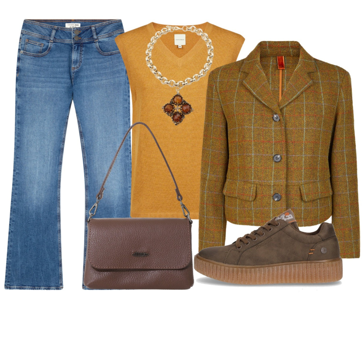 Outfit donna - In ottobre. Stile Casual per Tutti i giorni. Abbinamento con jeans a zampa, borse a tracolla, collane, sneakers, blazer, maglieria.