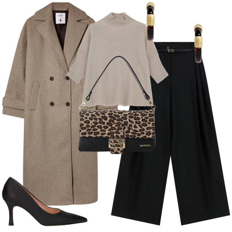 Outfit donna - Ottobre. Stile Urban per Tutti i giorni. Abbinamento con cappotti, pantaloni, borse a spalla, maglieria, orecchini, décolleté.