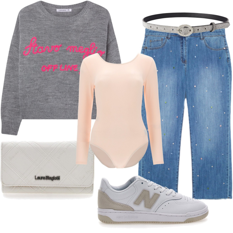 Outfit donna - Total look #2259514. Stile Casual per Tutti i giorni. Abbinamento con cinture, maglieria, body, sneakers, portafogli, jeans.